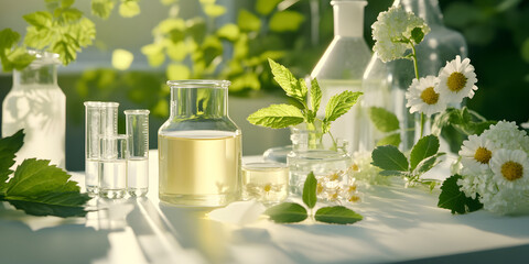 Pure natural green plants soaked in test tubes waiting for extraction. Food science, health, nutrition, business, beauty, medical, commercial poster, poster, wallpaper, background