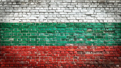 Aerial View of the Bulgarian Flag Painted on a Rustic Brick Wall: A Unique Blend of Color and Texture Symbolizing National Pride and Heritage