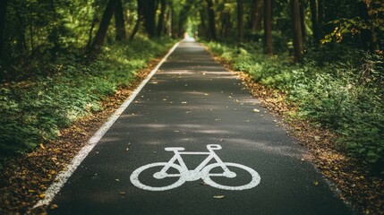 Obraz premium Clear, one-way bike lane with white markings on asphalt, bordered by greenery and urban elements.
