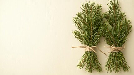 Fototapeta premium Three pine sprigs tied together with twine, neutral background, simple holiday style