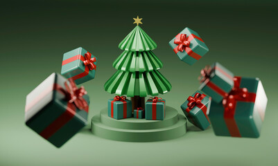 Floating Gifts Around Christmas Tree in 3D Art with Red and Green Theme