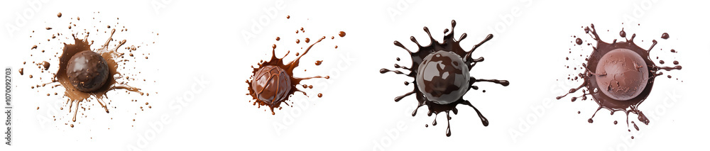 Poster chocolate candy with splash isolated on transparent background