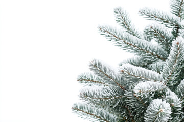 Snow-covered fir tree branches close-up isolated on white background , capturing the natural beauty of winter with frosted greenery.