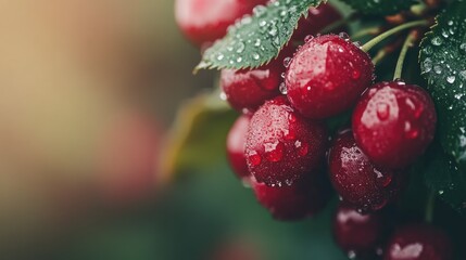 Close-up of a bunch of cherries with tiny water droplets, focusing on the vibrant red color and juicy appeal, against a clean background.