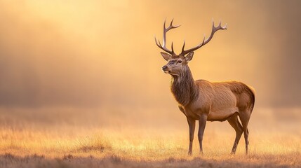 Fototapeta premium Majestic red deer stag with large antlers stands in a field at sunrise, looking to the side.