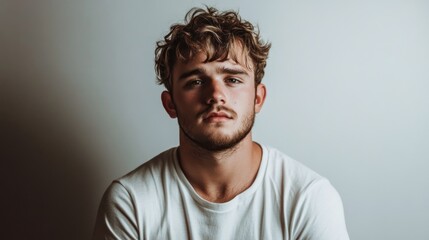 Obraz premium A young man with curly hair and a beard stares intently at the camera. He is wearing a white t-shirt. The background is a plain white wall.