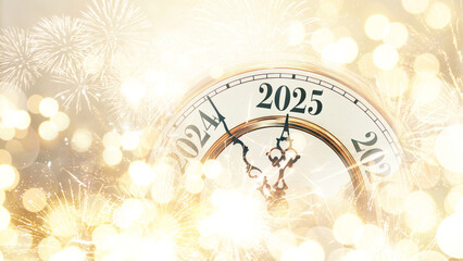 Vintage gold clock points to 2025 New Year on a golden bokeh background with sparks and fireworks, concept. New Year and Christmas card, creative idea. Celebration and party