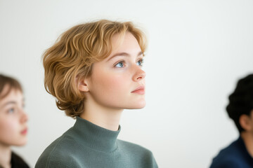 Fototapeta premium Attentive Students Watching Young Blonde Professor Explain Lesson in Minimalist Classroom Setting
