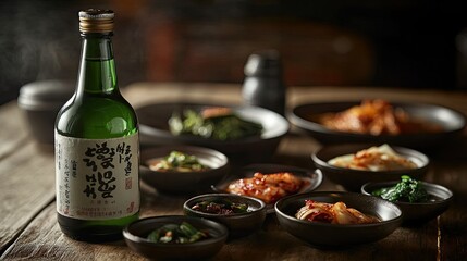 Fototapeta premium Close-up of a soju bottle with small bowls of Korean side dishes, capturing vibrant textures and warm colors on a rustic table.