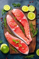  Filetes frescos de salmón decorados con lima, hierbas y especias sobre una tabla de madera, ideal para recetas de cocina gourmet.

