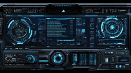 Fototapeta premium Futuristic user interface with a blue and black color scheme, featuring various screens, buttons, and indicators.
