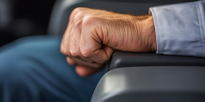 Closeup of man's hand taking a tight grip on armrest during flight. Flying anxiety or flight phobia concept.