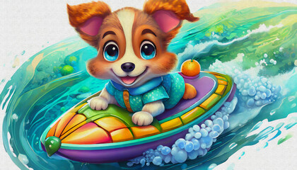 Naklejka premium oil painting style CARTOON CHARACTER illustration CUTE a beautiful baby dog rides a jet ski on the beach