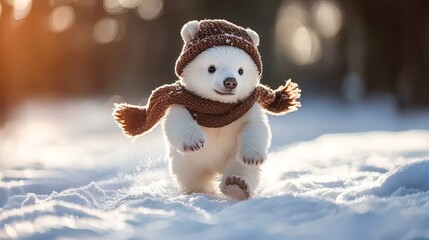 A cute polar bear cub wearing a brown knitted hat and scarf runs through the snow in a forest.