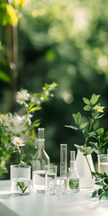 Pure natural green plants soaked in test tubes waiting for extraction. Food science, health, nutrition, business, beauty, medical, commercial poster, poster, wallpaper, background