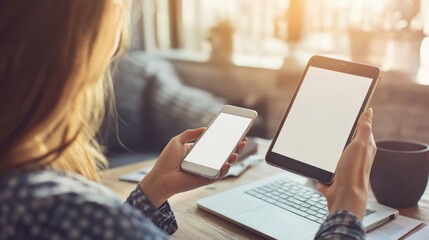 Woman working on laptop, holding smartphone and tablet with blank screens.