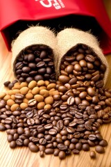 Fototapeta premium Granos de café oscuro y claro derramándose de pequeños sacos de yute, evocando el aroma y la frescura del café.