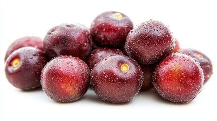 Obraz premium Close-up of fresh cherries with water droplets on their glossy, deep red skin, capturing the juicy texture and vibrant color, isolated on a white background.