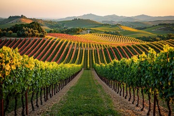 Naklejka premium Vibrant vineyard at sunset with rolling hills and colorful rows