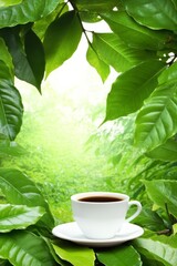  Taza de café rodeada de hojas verdes en un entorno natural, evocando frescura y relajación. Ideal para temas de naturaleza y bebidas.

