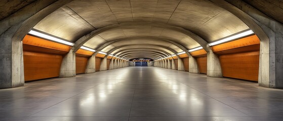 Fototapeta premium Symmetrical concrete hallway with orange walls and a light at the end of the tunnel.