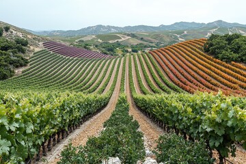 Colorful vineyard landscape with vibrant rows and rolling hills