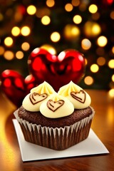  Cupcake de chocolate decorado con corazones y luces de fondo, creando una atmósfera romántica y cálida. Ideal para temas de San Valentín y postres.

