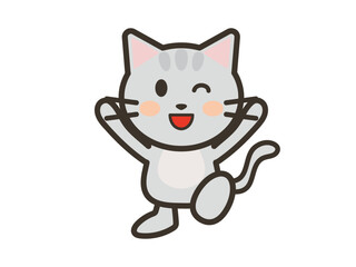 バンザイして喜ぶかわいいねこちゃんのイラスト