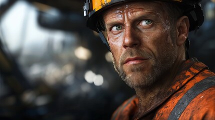 Fototapeta premium An oil rig worker in a yellow helmet works hard outdoors.