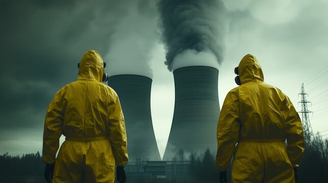 Two men in yellow hazmat suits stand with their backs to the camera at an industrial power plant. Smoke billows from towers.