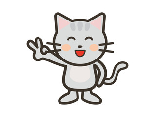 満面の笑顔でピースサインをするかわいいねこちゃんのイラスト
