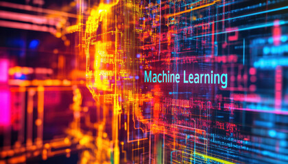 Obraz premium Vibrant digital art depicting the concept of machine learning with colorful abstract technology patterns and glowing lines symbolizing data processing and algorithms.