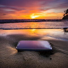 Tranquil Beach Sunset with Smartphone Reflection
