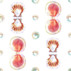 Pattern of scallop, bivalve marine mollusk, grooved shell with pearls in watercolor. Red Scallop, Calico Scallop, Argopecten Gibbus. This shell's side is concave in shape. Circular shaped with