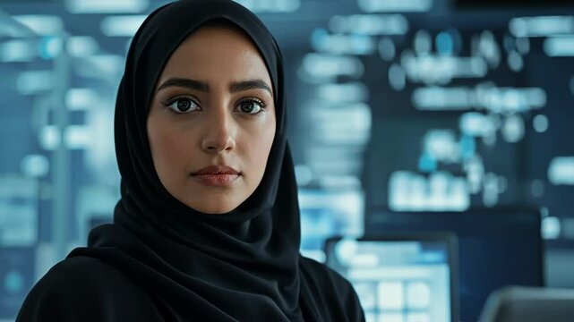 Cybersecurity expert in hijab, focused on digital security for technology, innovation, and professional excellence. Woman symbolizing diversity, empowerment, and the importance of cybersecurity
