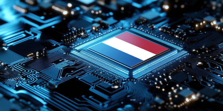 Close up photo microchip circuit board technology blue light