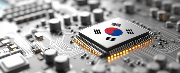Microchip with South Korean flag on circuit board, technology concept