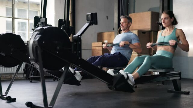 Gym Fitness Workout Exercise Using Rowing Machine