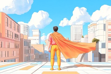 Obraz premium A lone figure in a cape stands in a futuristic cityscape, looking towards the horizon.
