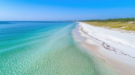 Obraz premium Crystal-clear waves meet golden sands under radiant sunlight on an empty, peaceful shoreline.