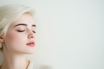 Naklejka premium Pale-Skinned Woman in Calm, Serene Pose Near White Wall, Soft Lighting in Minimalist Room