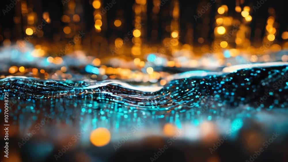 Poster abstract representation of digital waves embedded with glowing blue and orange particles, symbolizin