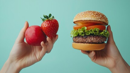 A red apple and a strawberry contrast a juicy hamburger in hands, presenting a colorful scene that highlights the healthy vs fast food debate on a pastel green setting.