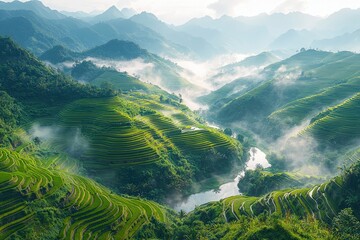 Fototapeta premium Breathtaking misty mountain rice terraces with lush greenery and serene landscape