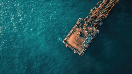 Expansive aerial view of an offshore oil rig in calm ocean waters, emphasizing its robust construction and isolation.