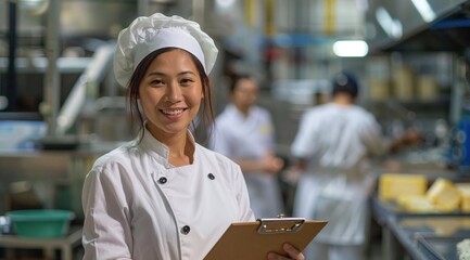A smiling female chef in a white uniform and chef hat holds a clipboard in a busy kitchen, showing professionalism and culinary environment