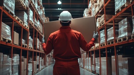 Fototapeta premium Male worker in red uniform and helmet carrying a cardboard box in a warehouse.