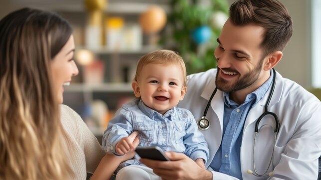 Doctor on a screen offering medical consultation to a child while the parent looks on attentively. AI generated