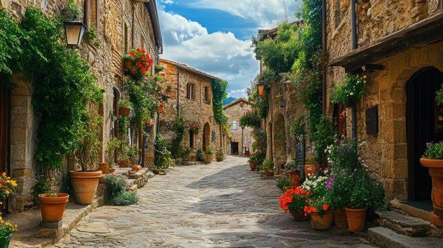 Fototapeta A quaint village square with cobblestone streets and flower pots