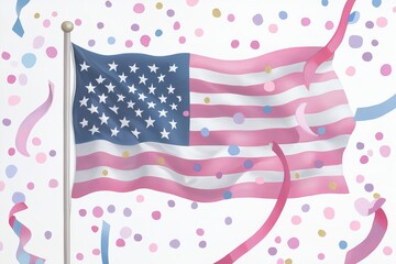 Obraz premium U.S. Flag Day. Background with the flag of America fluttering in the wind with confetti and balloons.